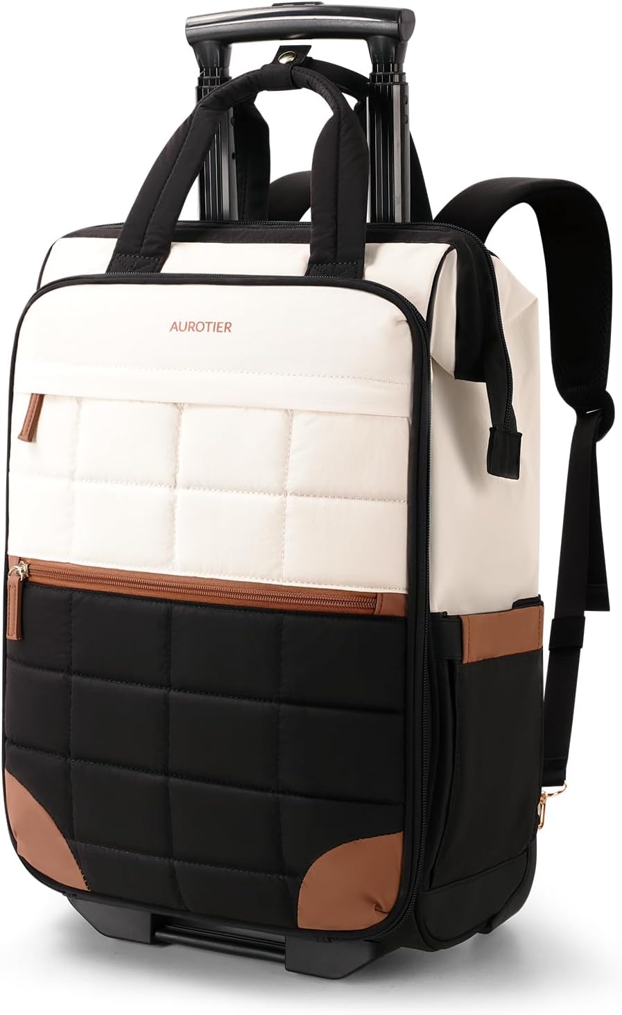 Rolling Puffer Backpack for Women, Wheeled Laptop Backpack, Short-Term Travel Backpack with Wheels, Roller Adults Work Computer Bag, Water Resistant Overnight College Underseat Carry on Luggage, Black