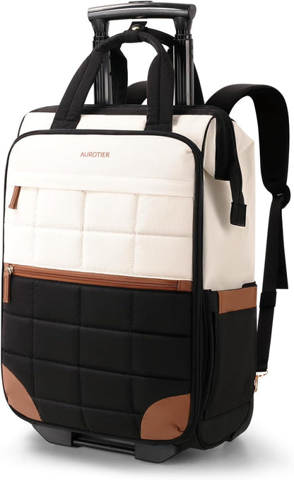 Rolling Puffer Backpack for Women, Wheeled Laptop Backpack, Short-Term Travel Backpack with Wheels, Roller Adults Work Computer Bag, Water Resistant Overnight College Underseat Carry on Luggage, Black