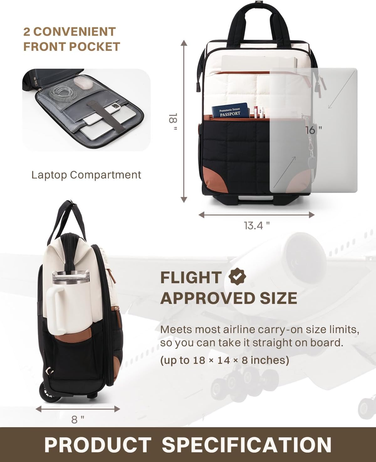 Rolling Puffer Backpack for Women, Wheeled Laptop Backpack, Short-Term Travel Backpack with Wheels, Roller Adults Work Computer Bag, Water Resistant Overnight College Underseat Carry on Luggage, Black