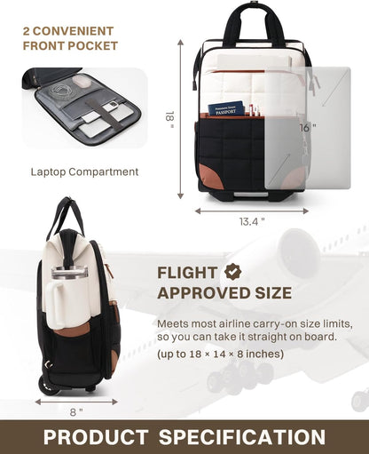 Rolling Puffer Backpack for Women, Wheeled Laptop Backpack, Short-Term Travel Backpack with Wheels, Roller Adults Work Computer Bag, Water Resistant Overnight College Underseat Carry on Luggage, Black
