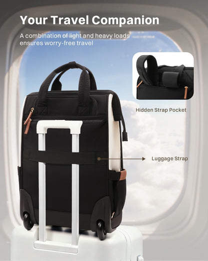 Rolling Puffer Backpack for Women, Wheeled Laptop Backpack, Short-Term Travel Backpack with Wheels, Roller Adults Work Computer Bag, Water Resistant Overnight College Underseat Carry on Luggage, Black