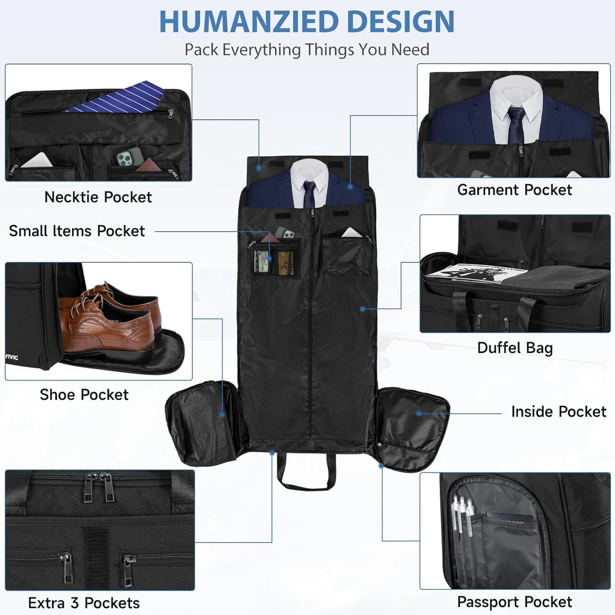 IBVIVIC Convertible Garment Bags for Travel, 2-in-1 Carry On Garment Duffle Bag With Shoe Compartment for Women Men, 50L Hanging Suitcase Suit Travel Bags with Shoulder Strap, Blue