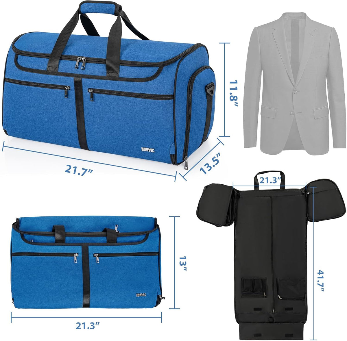 IBVIVIC Convertible Garment Bags for Travel, 2-in-1 Carry On Garment Duffle Bag With Shoe Compartment for Women Men, 50L Hanging Suitcase Suit Travel Bags with Shoulder Strap, Blue