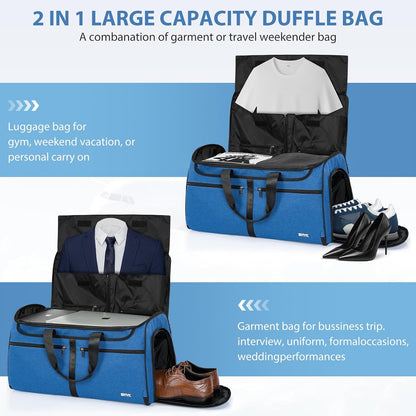 IBVIVIC Convertible Garment Bags for Travel, 2-in-1 Carry On Garment Duffle Bag With Shoe Compartment for Women Men, 50L Hanging Suitcase Suit Travel Bags with Shoulder Strap, Blue