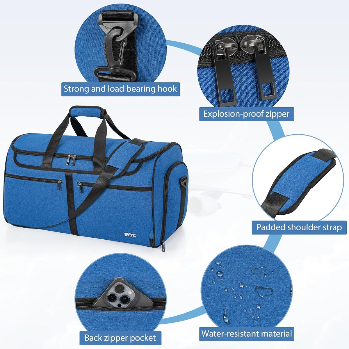 IBVIVIC Convertible Garment Bags for Travel, 2-in-1 Carry On Garment Duffle Bag With Shoe Compartment for Women Men, 50L Hanging Suitcase Suit Travel Bags with Shoulder Strap, Blue