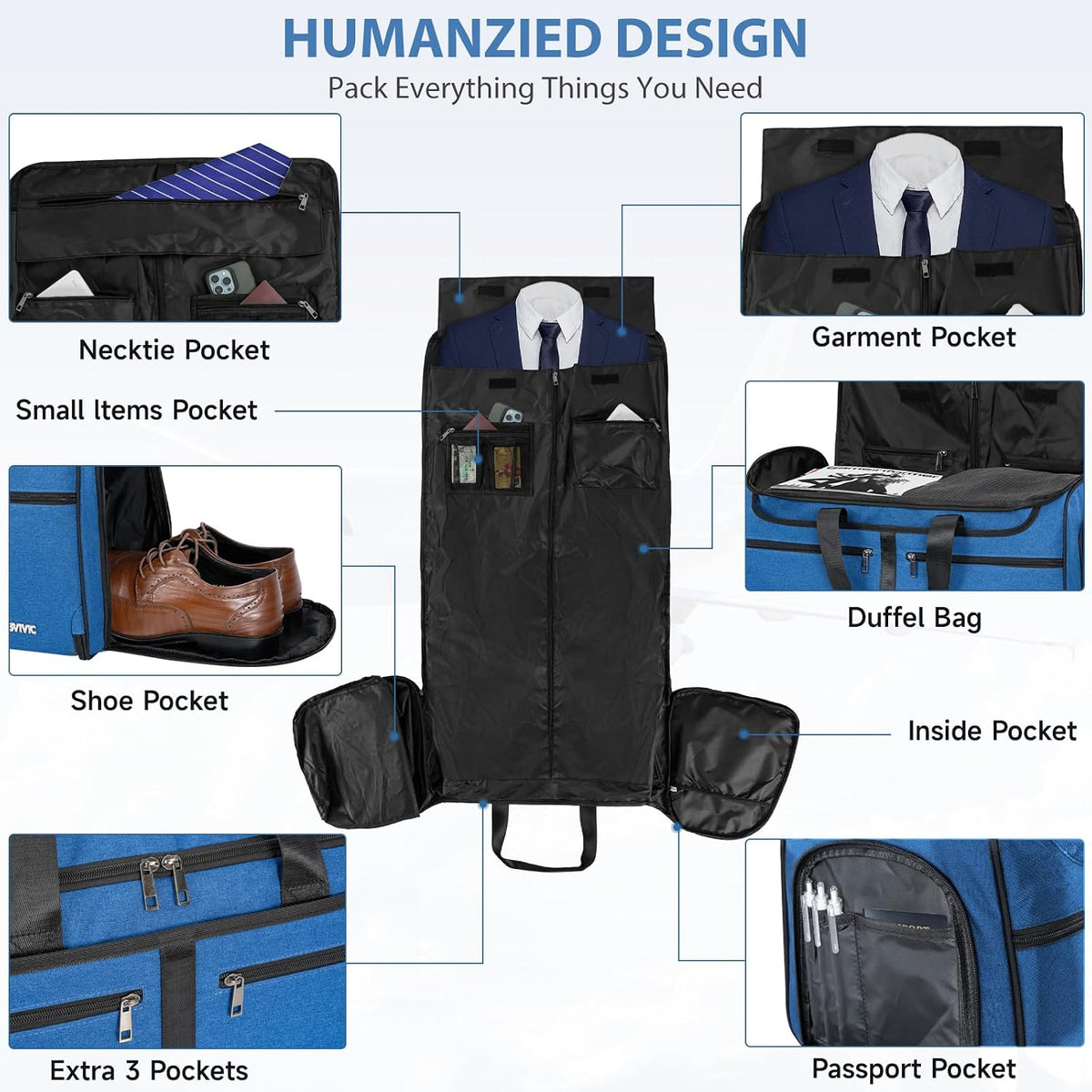 IBVIVIC Convertible Garment Bags for Travel, 2-in-1 Carry On Garment Duffle Bag With Shoe Compartment for Women Men, 50L Hanging Suitcase Suit Travel Bags with Shoulder Strap, Blue