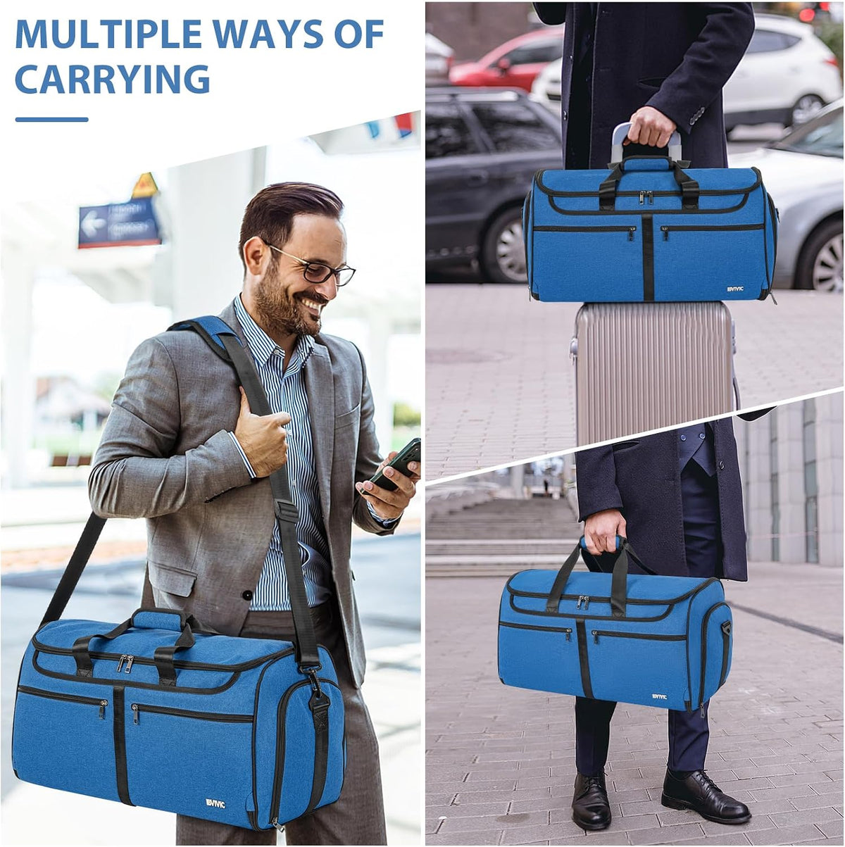 IBVIVIC Convertible Garment Bags for Travel, 2-in-1 Carry On Garment Duffle Bag With Shoe Compartment for Women Men, 50L Hanging Suitcase Suit Travel Bags with Shoulder Strap, Blue