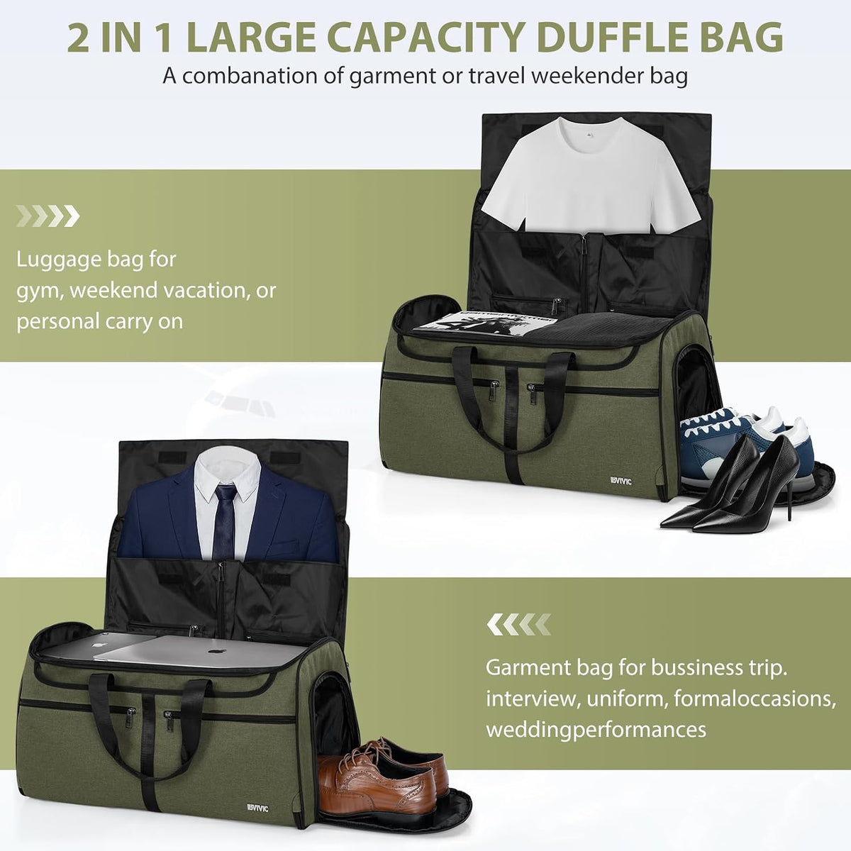 IBVIVIC Convertible Garment Bags for Travel, 2-in-1 Carry On Garment Duffle Bag With Shoe Compartment for Women Men, 50L Hanging Suitcase Suit Travel Bags with Shoulder Strap, Blue