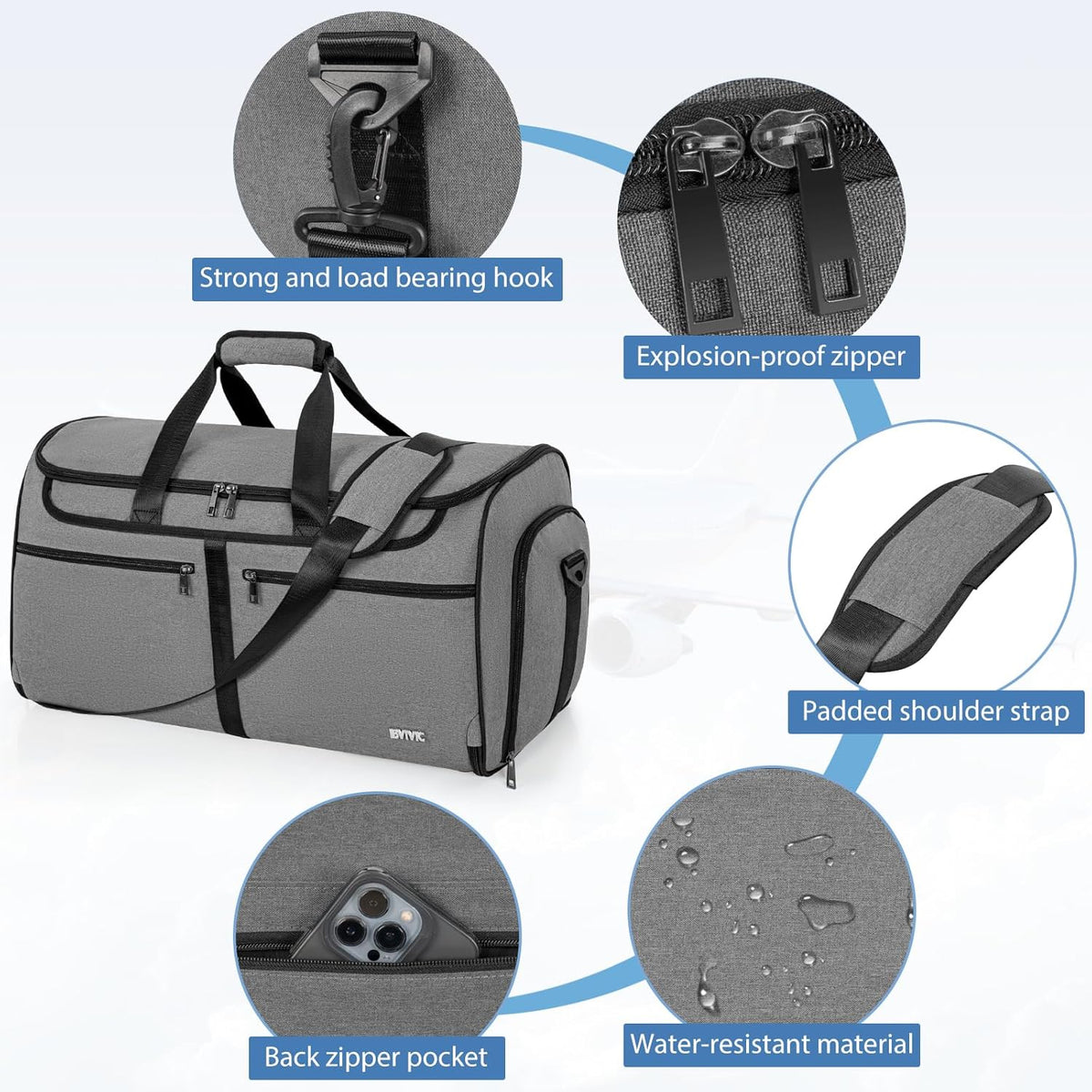 IBVIVIC Convertible Garment Bags for Travel, 2-in-1 Carry On Garment Duffle Bag With Shoe Compartment for Women Men, 50L Hanging Suitcase Suit Travel Bags with Shoulder Strap, Blue