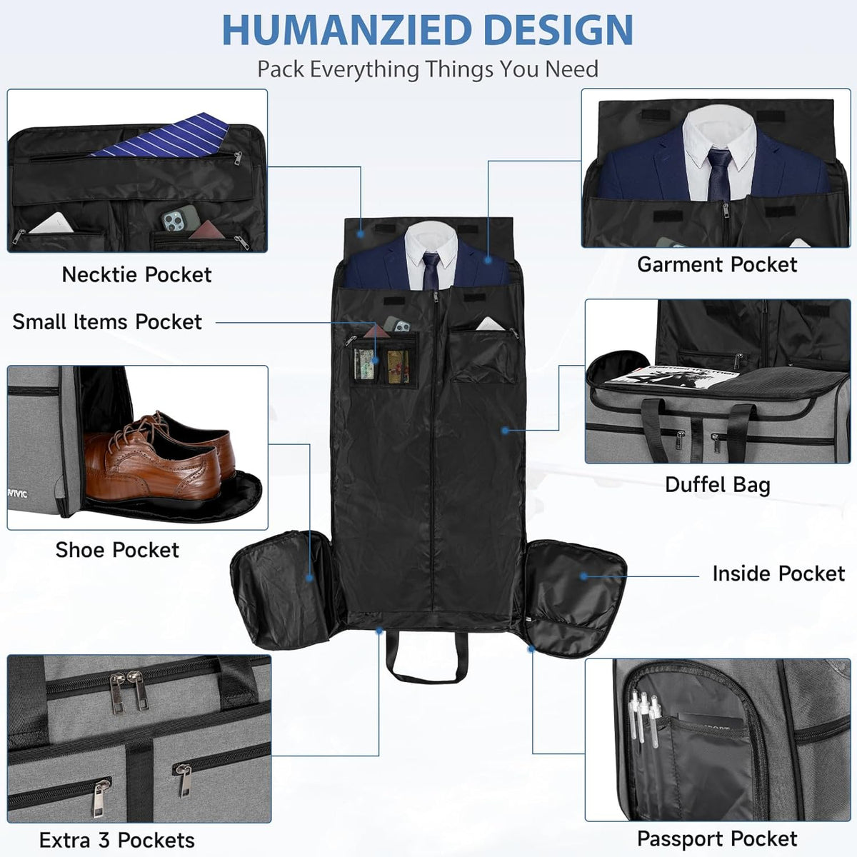 IBVIVIC Convertible Garment Bags for Travel, 2-in-1 Carry On Garment Duffle Bag With Shoe Compartment for Women Men, 50L Hanging Suitcase Suit Travel Bags with Shoulder Strap, Blue