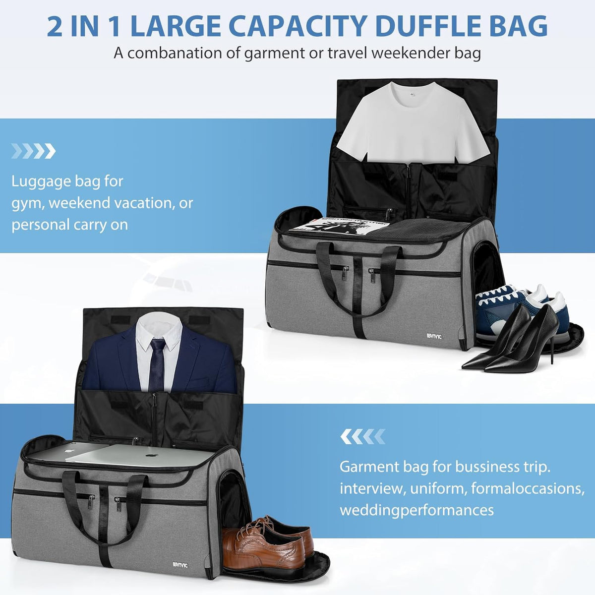 IBVIVIC Convertible Garment Bags for Travel, 2-in-1 Carry On Garment Duffle Bag With Shoe Compartment for Women Men, 50L Hanging Suitcase Suit Travel Bags with Shoulder Strap, Blue