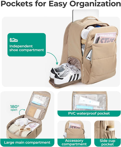 30L Travel Backpack for Women, Carry on Backpack for Airplanes, Gym Backpack with Shoe Compartment, Lightweight Travel Bag Fits 15.6 Inch, Water-Resistant, Chocolate