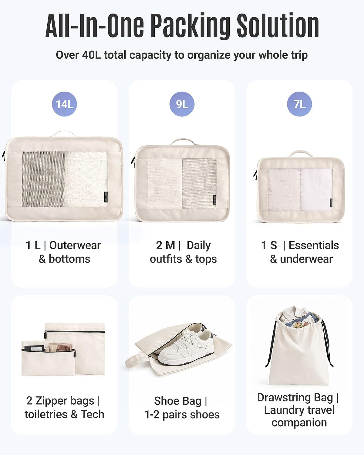 8 Set Packing Cubes for Travel, Durable Travel Essentials for Cruish Ship, Suitcase Organizer Packing Bags (8-Pack 1L+2M+1S+1Shoe Bag+2Toiletry Bags+1Laundry Bag)