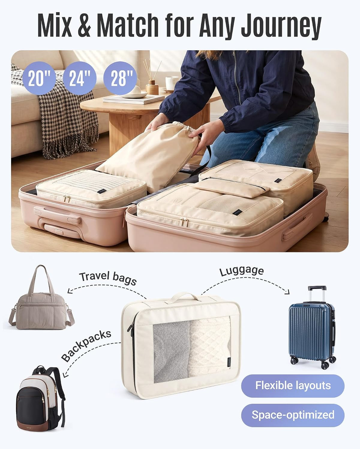 8 Set Packing Cubes for Travel, Durable Travel Essentials for Cruish Ship, Suitcase Organizer Packing Bags (8-Pack 1L+2M+1S+1Shoe Bag+2Toiletry Bags+1Laundry Bag)
