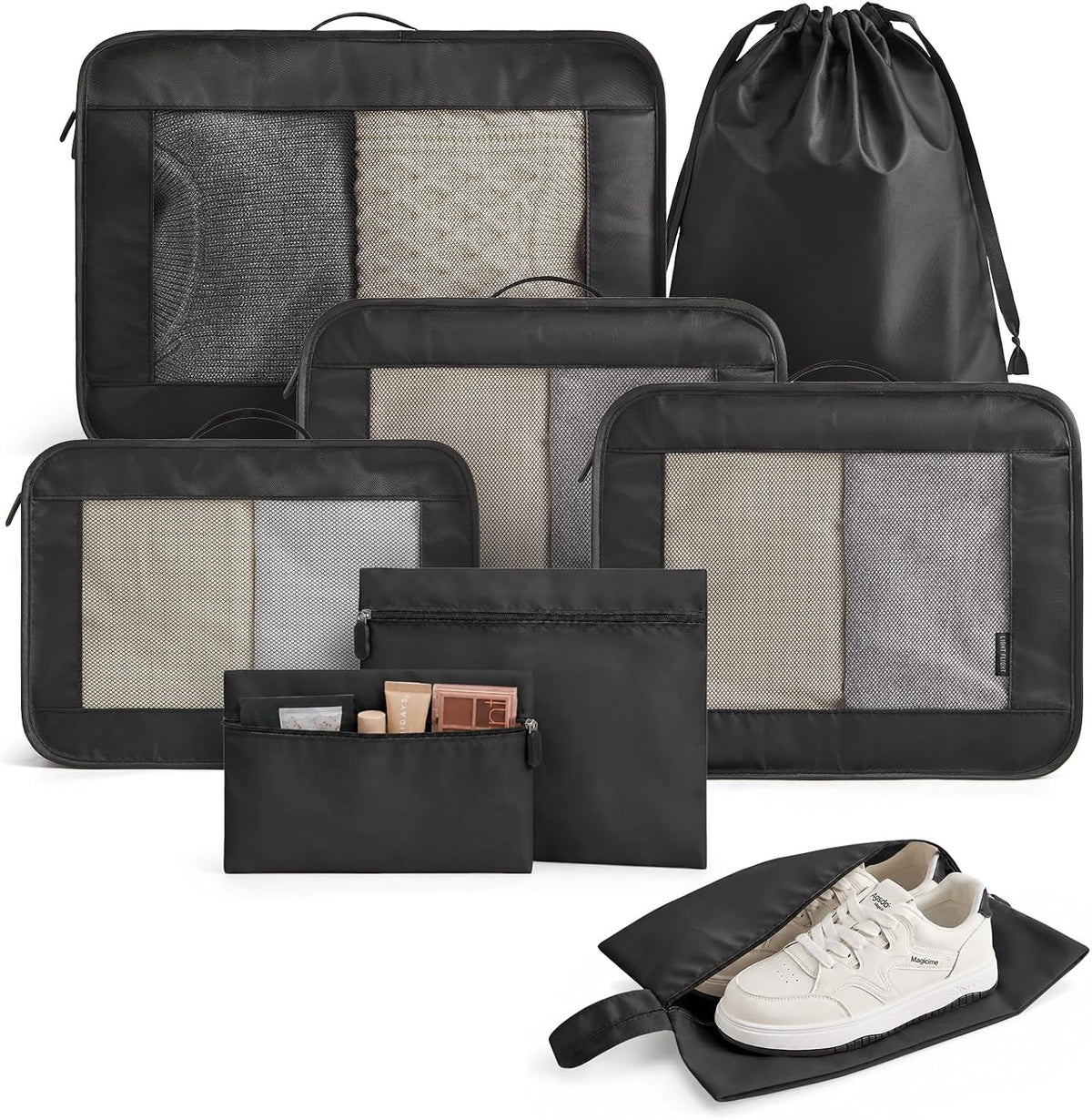 8 Set Packing Cubes for Travel, Durable Travel Essentials for Cruish Ship, Suitcase Organizer Packing Bags (8-Pack 1L+2M+1S+1Shoe Bag+2Toiletry Bags+1Laundry Bag)
