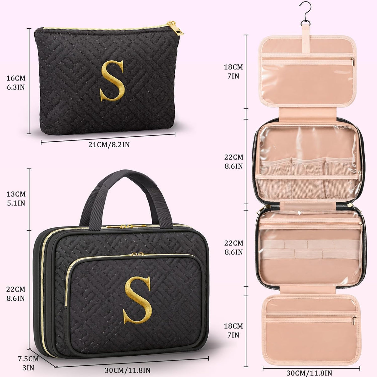 Gifts for Women, Initial Toiletry Makeup Bag Hanging Cosmetic Organizer with Embroidery Letter Personalized Nurse Teacher Appreciation Birthday Mothers Day Gifts for Mom Sister Wife Friends Auntie Her