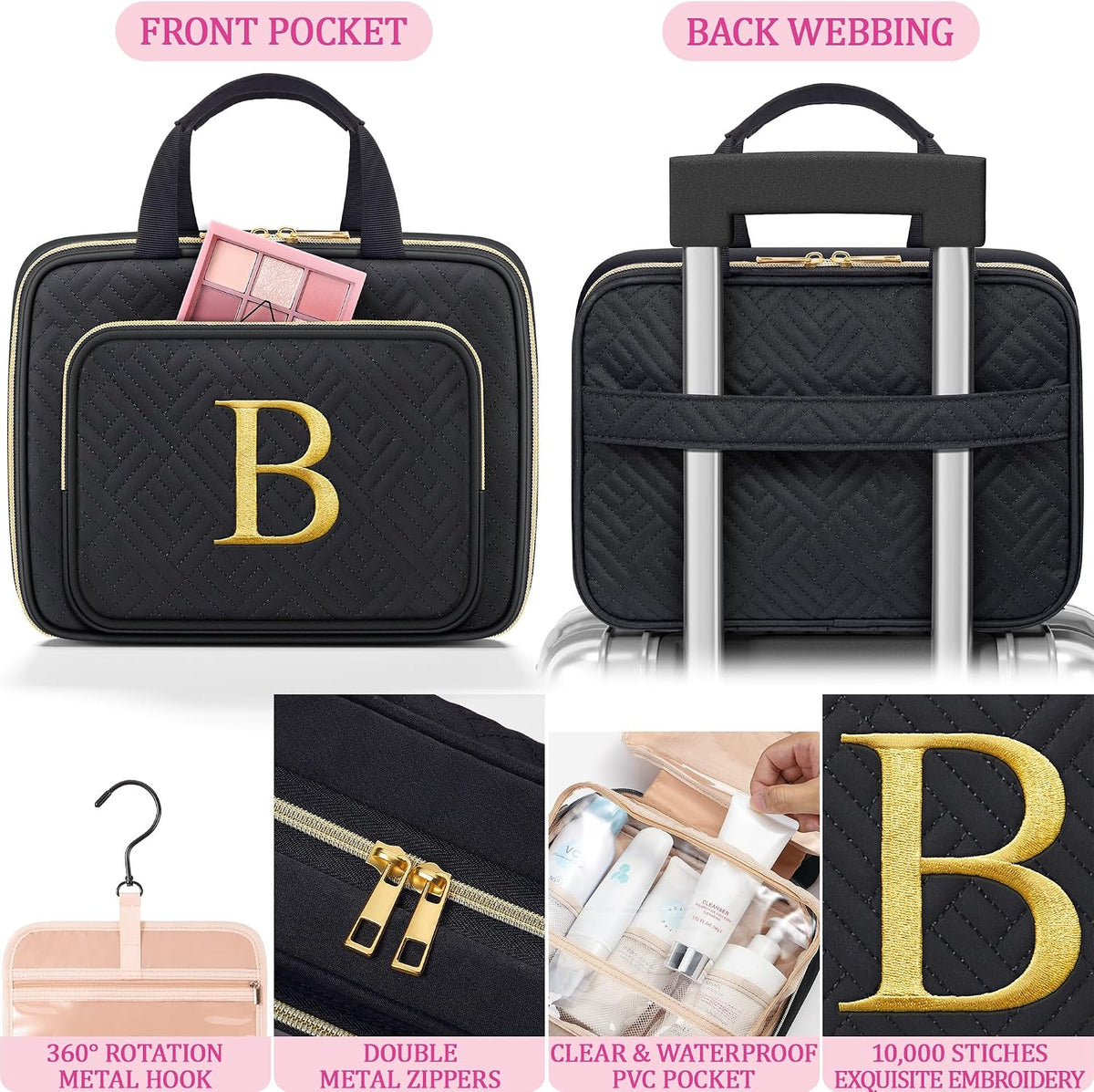 Gifts for Women, Initial Toiletry Makeup Bag Hanging Cosmetic Organizer with Embroidery Letter Personalized Nurse Teacher Appreciation Birthday Mothers Day Gifts for Mom Sister Wife Friends Auntie Her