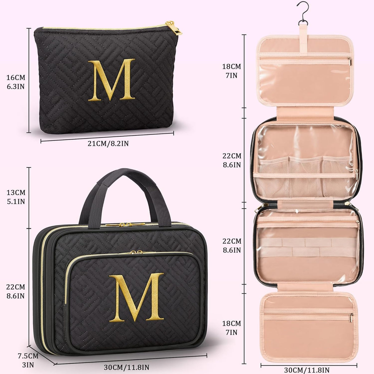 Gifts for Women, Initial Toiletry Makeup Bag Hanging Cosmetic Organizer with Embroidery Letter Personalized Nurse Teacher Appreciation Birthday Mothers Day Gifts for Mom Sister Wife Friends Auntie Her
