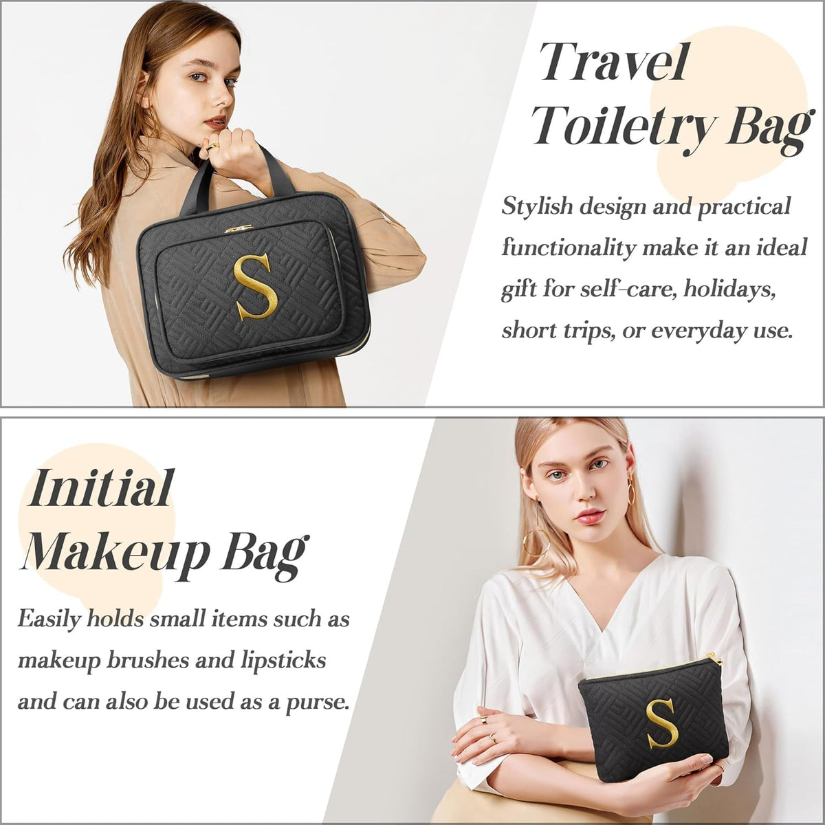 Gifts for Women, Initial Toiletry Makeup Bag Hanging Cosmetic Organizer with Embroidery Letter Personalized Nurse Teacher Appreciation Birthday Mothers Day Gifts for Mom Sister Wife Friends Auntie Her