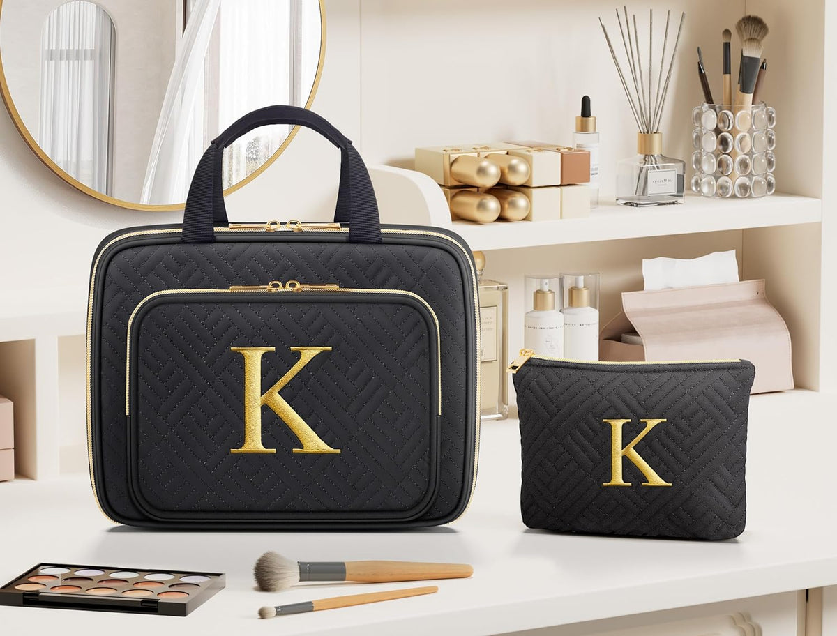 Gifts for Women, Initial Toiletry Makeup Bag Hanging Cosmetic Organizer with Embroidery Letter Personalized Nurse Teacher Appreciation Birthday Mothers Day Gifts for Mom Sister Wife Friends Auntie Her