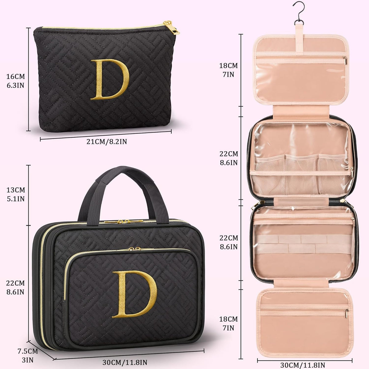 Gifts for Women, Initial Toiletry Makeup Bag Hanging Cosmetic Organizer with Embroidery Letter Personalized Nurse Teacher Appreciation Birthday Mothers Day Gifts for Mom Sister Wife Friends Auntie Her