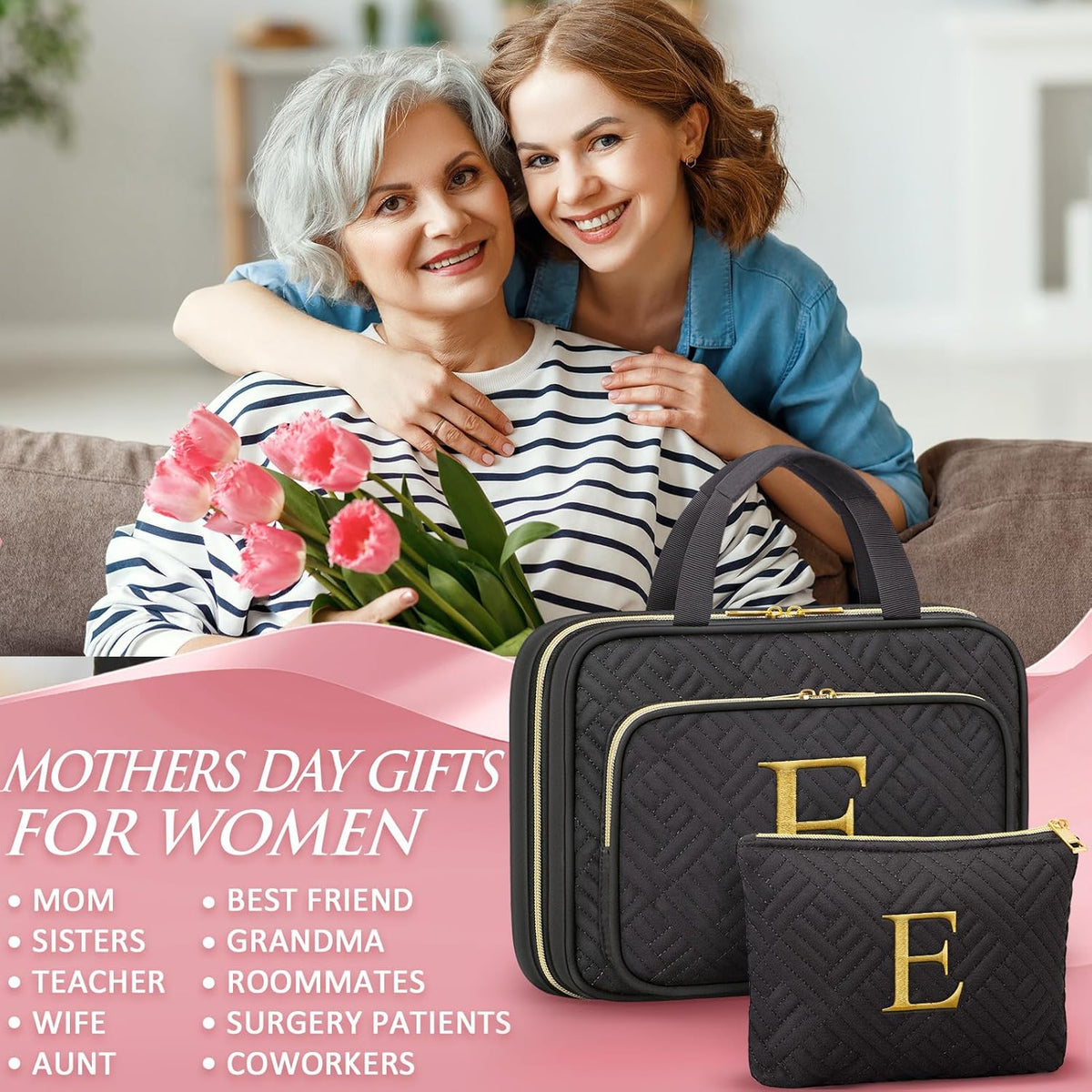 Gifts for Women, Initial Toiletry Makeup Bag Hanging Cosmetic Organizer with Embroidery Letter Personalized Nurse Teacher Appreciation Birthday Mothers Day Gifts for Mom Sister Wife Friends Auntie Her