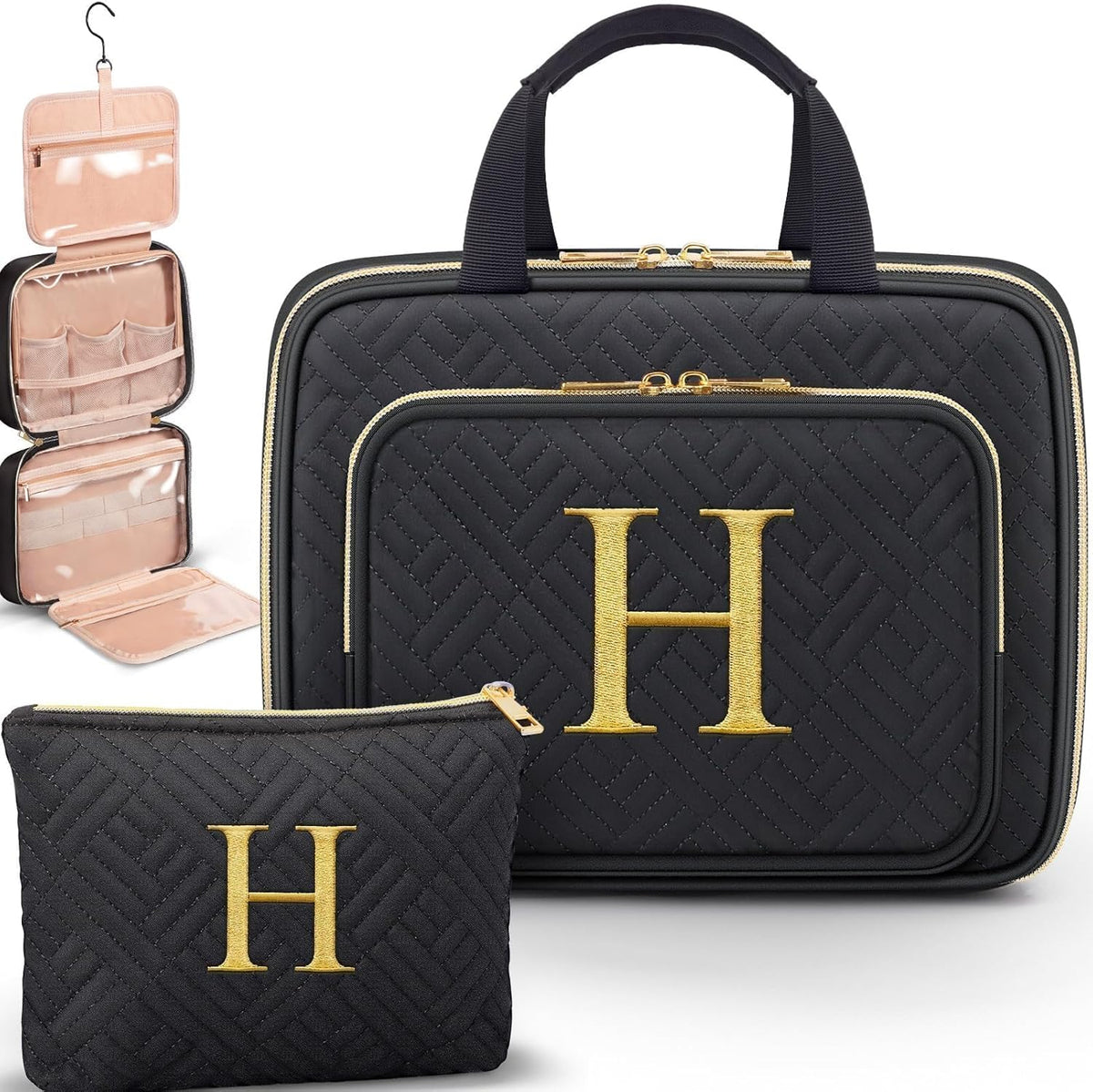 Gifts for Women, Initial Toiletry Makeup Bag Hanging Cosmetic Organizer with Embroidery Letter Personalized Nurse Teacher Appreciation Birthday Mothers Day Gifts for Mom Sister Wife Friends Auntie Her