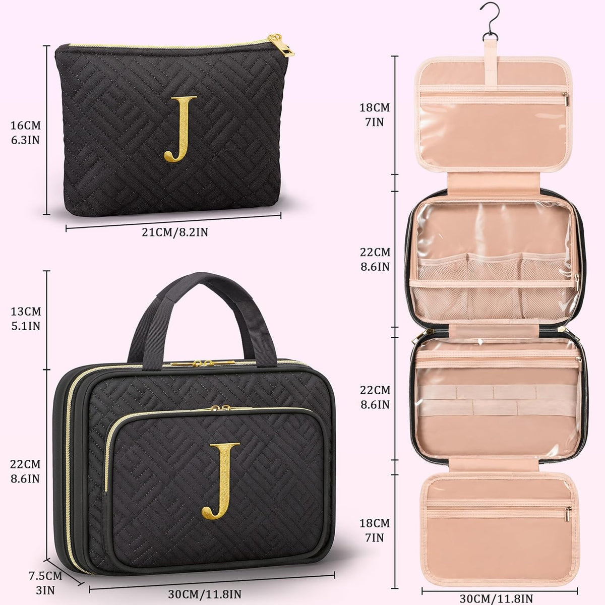 Gifts for Women, Initial Toiletry Makeup Bag Hanging Cosmetic Organizer with Embroidery Letter Personalized Nurse Teacher Appreciation Birthday Mothers Day Gifts for Mom Sister Wife Friends Auntie Her