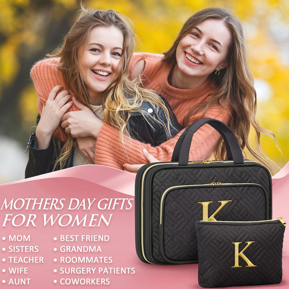 Gifts for Women, Initial Toiletry Makeup Bag Hanging Cosmetic Organizer with Embroidery Letter Personalized Nurse Teacher Appreciation Birthday Mothers Day Gifts for Mom Sister Wife Friends Auntie Her