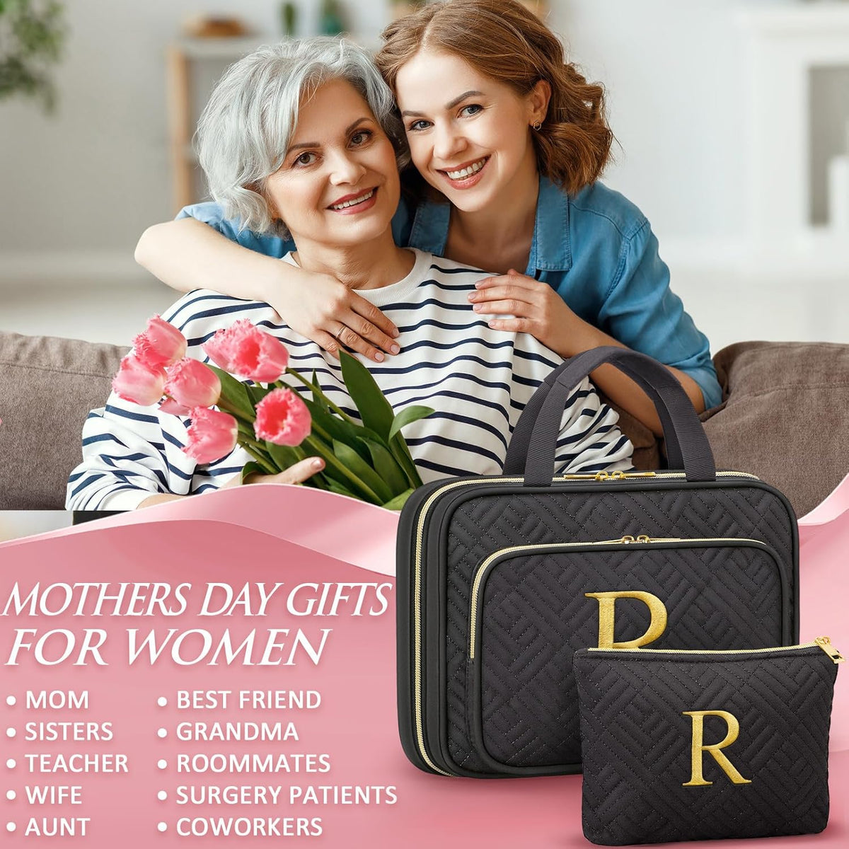 Gifts for Women, Initial Toiletry Makeup Bag Hanging Cosmetic Organizer with Embroidery Letter Personalized Nurse Teacher Appreciation Birthday Mothers Day Gifts for Mom Sister Wife Friends Auntie Her
