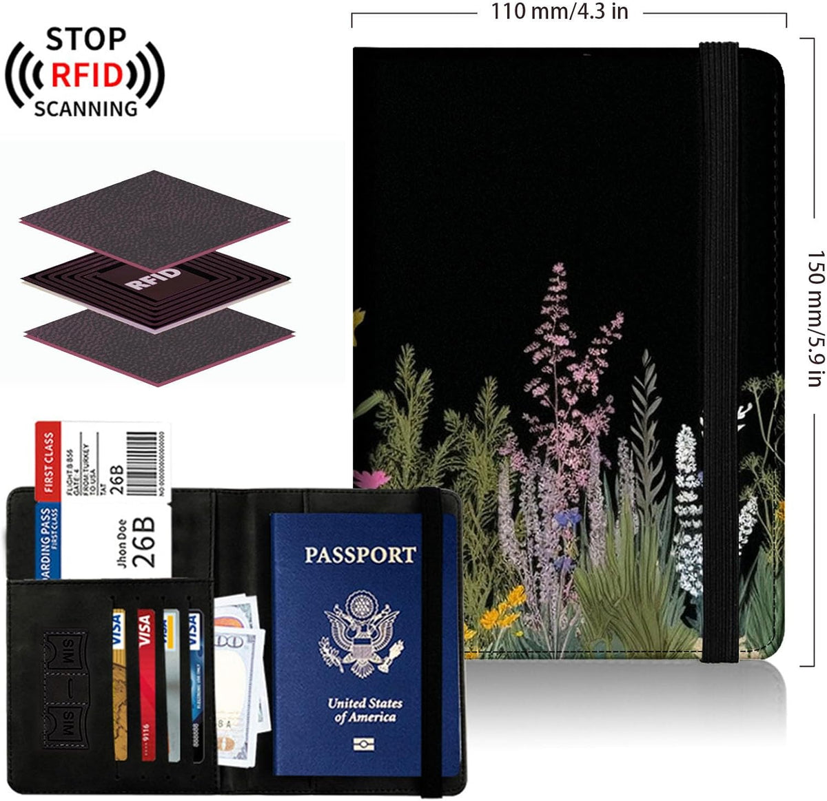Passport Cover,Multi-Functional Travel Wallet,Stylish & Durable RFID Blocking Passport Holder, Travel Essentials for Men and Women,Weeds