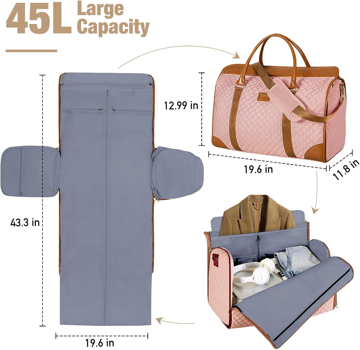 Convertible Garment Duffel Bags for Travel, Carry On Garment Bag with Shoe Compartment, 3 in 1 Foldable Suit Duffle Bag for Women, Jenni Bag for Hanging Clothes, Black (2Pcs Set)