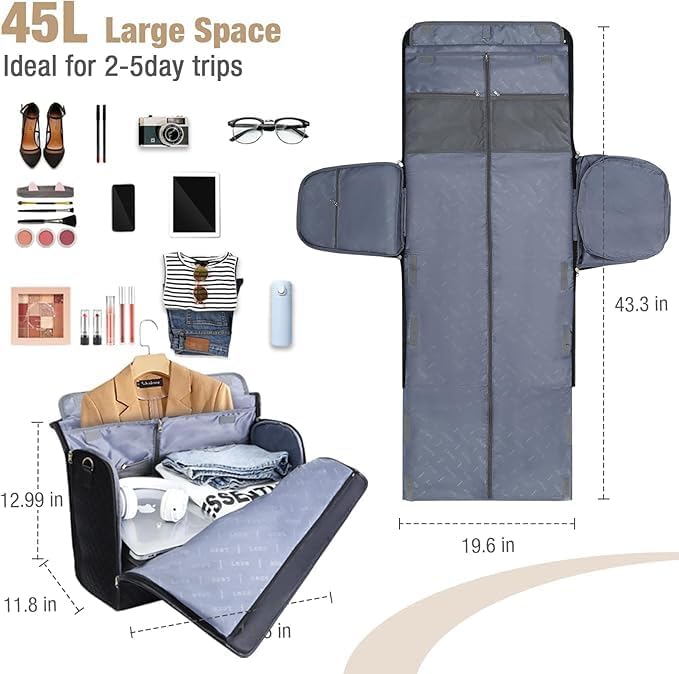 Convertible Garment Duffel Bags for Travel, Carry On Garment Bag with Shoe Compartment, 3 in 1 Foldable Suit Duffle Bag for Women, Jenni Bag for Hanging Clothes, Black (2Pcs Set)