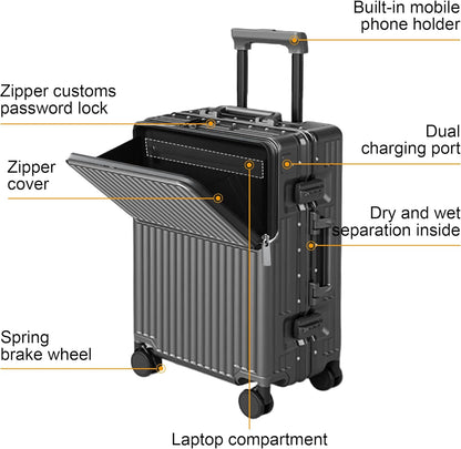 Carry on suitcase Zipperless Luggage,Polycarbonate Aluminum Hard Shell, Expandable Carry-On Suitcase with Spinner Wheels, 20 Inch Cabin