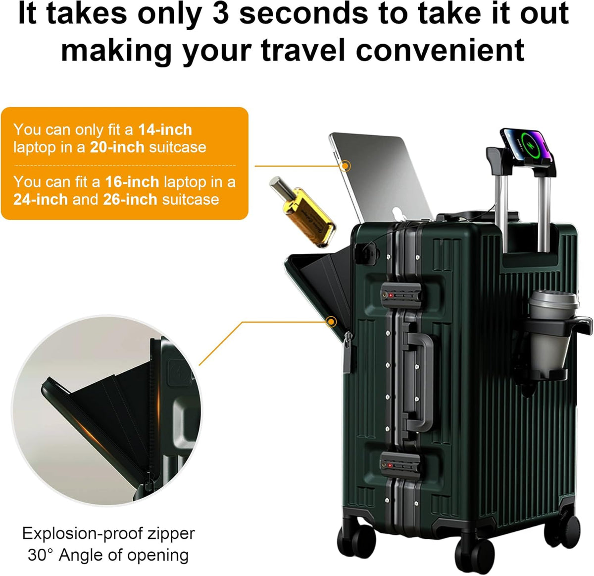 Carry on suitcase Zipperless Luggage,Polycarbonate Aluminum Hard Shell, Expandable Carry-On Suitcase with Spinner Wheels, 20 Inch Cabin