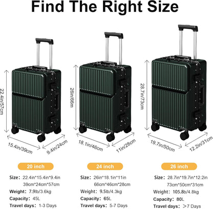 Carry on suitcase Zipperless Luggage,Polycarbonate Aluminum Hard Shell, Expandable Carry-On Suitcase with Spinner Wheels, 20 Inch Cabin