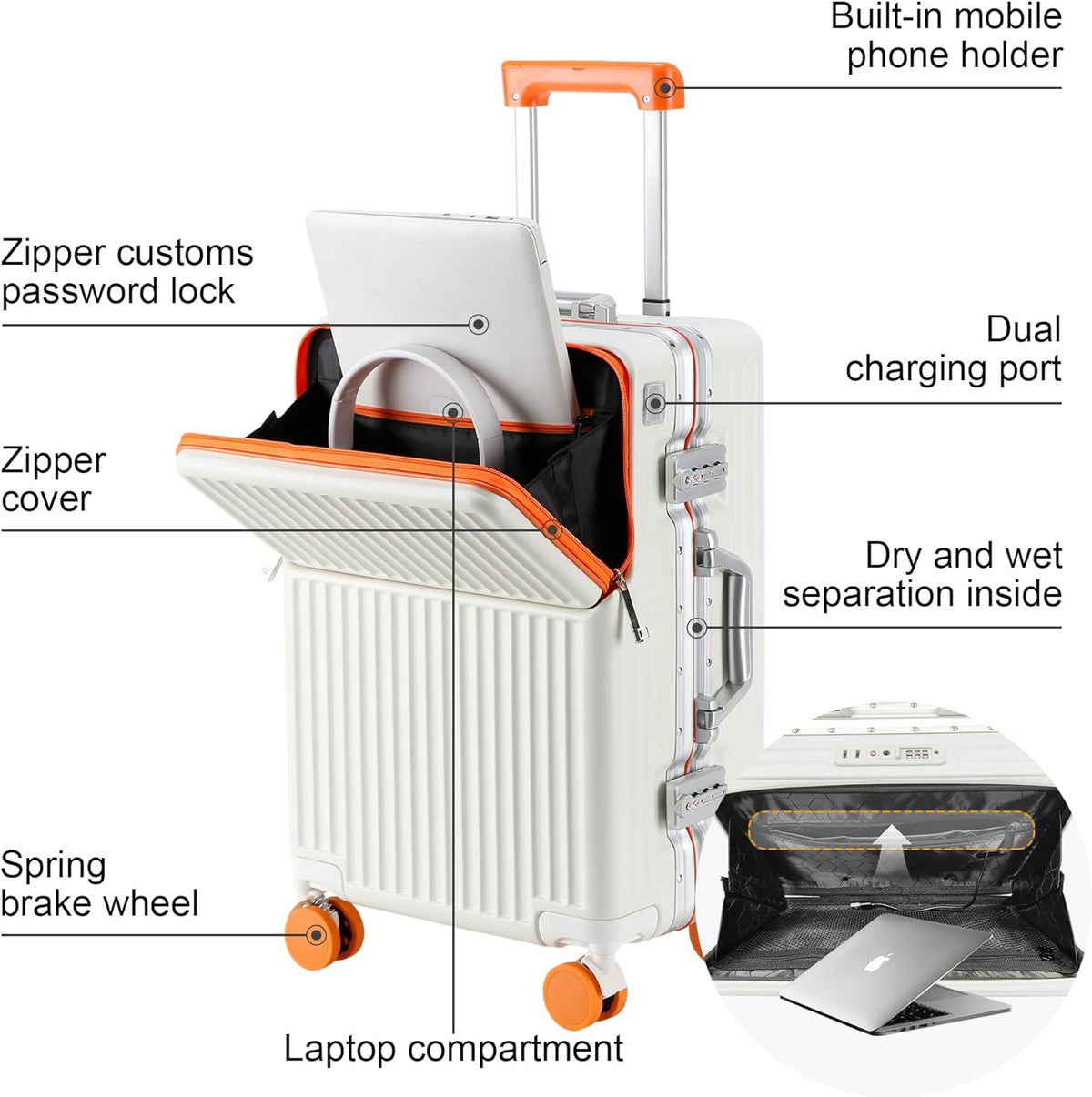 Carry on suitcase Zipperless Luggage,Polycarbonate Aluminum Hard Shell, Expandable Carry-On Suitcase with Spinner Wheels, 20 Inch Cabin