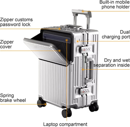 Carry on suitcase Zipperless Luggage,Polycarbonate Aluminum Hard Shell, Expandable Carry-On Suitcase with Spinner Wheels, 20 Inch Cabin