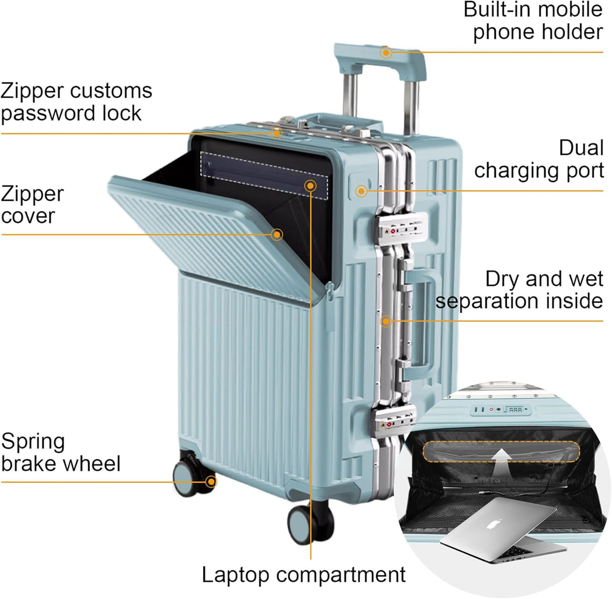 Carry on suitcase Zipperless Luggage,Polycarbonate Aluminum Hard Shell, Expandable Carry-On Suitcase with Spinner Wheels, 20 Inch Cabin