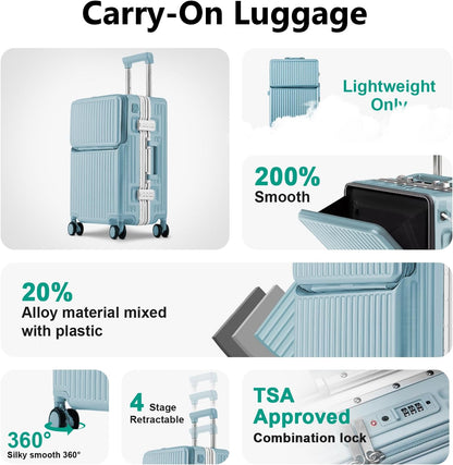 Carry on suitcase Zipperless Luggage,Polycarbonate Aluminum Hard Shell, Expandable Carry-On Suitcase with Spinner Wheels, 20 Inch Cabin