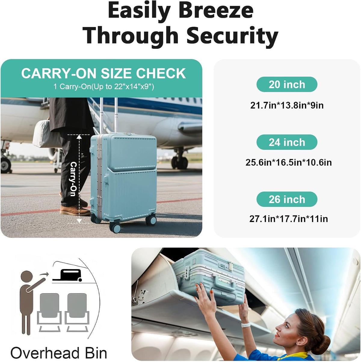 Carry on suitcase Zipperless Luggage,Polycarbonate Aluminum Hard Shell, Expandable Carry-On Suitcase with Spinner Wheels, 20 Inch Cabin