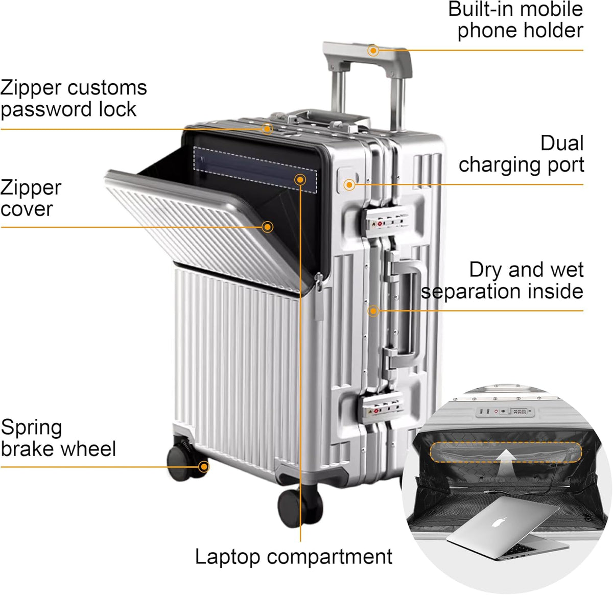 Carry on suitcase Zipperless Luggage,Polycarbonate Aluminum Hard Shell, Expandable Carry-On Suitcase with Spinner Wheels, 20 Inch Cabin