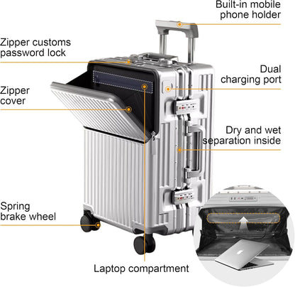 Carry on suitcase Zipperless Luggage,Polycarbonate Aluminum Hard Shell, Expandable Carry-On Suitcase with Spinner Wheels, 20 Inch Cabin