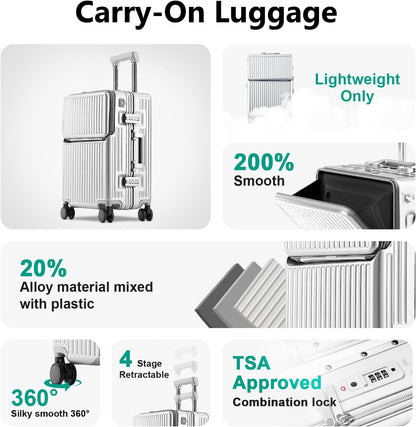 Carry on suitcase Zipperless Luggage,Polycarbonate Aluminum Hard Shell, Expandable Carry-On Suitcase with Spinner Wheels, 20 Inch Cabin