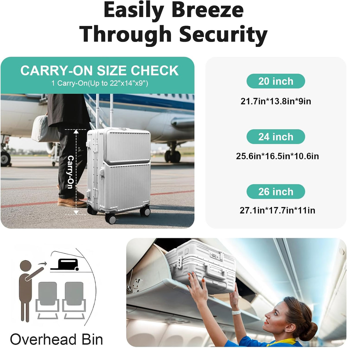 Carry on suitcase Zipperless Luggage,Polycarbonate Aluminum Hard Shell, Expandable Carry-On Suitcase with Spinner Wheels, 20 Inch Cabin