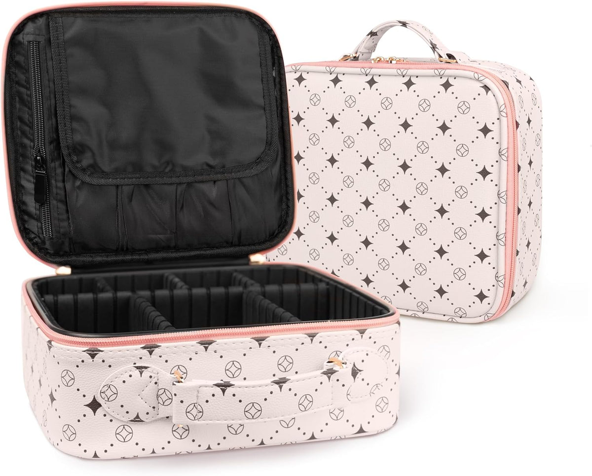 Travel Makeup Bag,Waterproof Cosmetic Organizer, Adjustable Dividers,Portability Cosmetic Train Case,Makeup organizer,Gift for Women,Girls Gift (Blue+Pink)