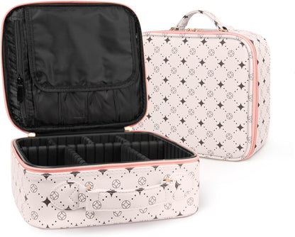 Travel Makeup Bag,Waterproof Cosmetic Organizer, Adjustable Dividers,Portability Cosmetic Train Case,Makeup organizer,Gift for Women,Girls Gift (Blue+Pink)