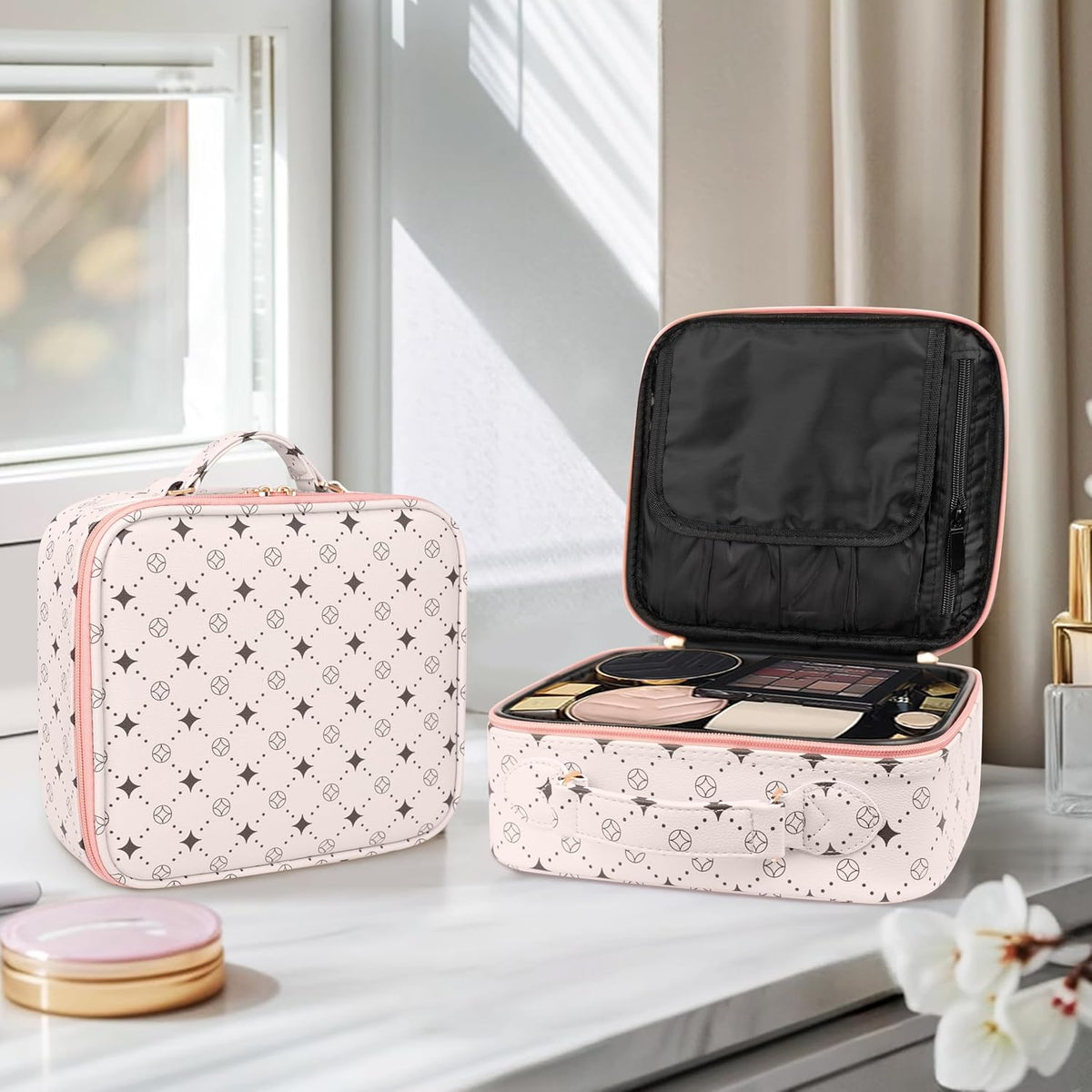 Travel Makeup Bag,Waterproof Cosmetic Organizer, Adjustable Dividers,Portability Cosmetic Train Case,Makeup organizer,Gift for Women,Girls Gift (Blue+Pink)
