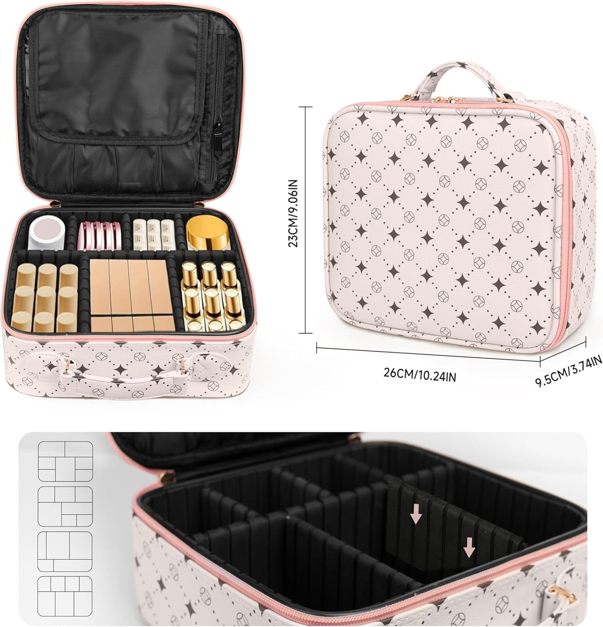 Travel Makeup Bag,Waterproof Cosmetic Organizer, Adjustable Dividers,Portability Cosmetic Train Case,Makeup organizer,Gift for Women,Girls Gift (Blue+Pink)