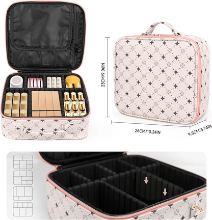 Travel Makeup Bag,Waterproof Cosmetic Organizer, Adjustable Dividers,Portability Cosmetic Train Case,Makeup organizer,Gift for Women,Girls Gift (Blue+Pink)
